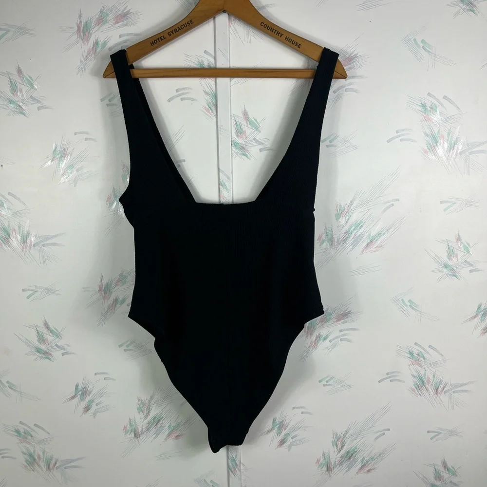H&M Black High Leg Ribbed Swimsuit V-neck XL - Picture 5 of 9